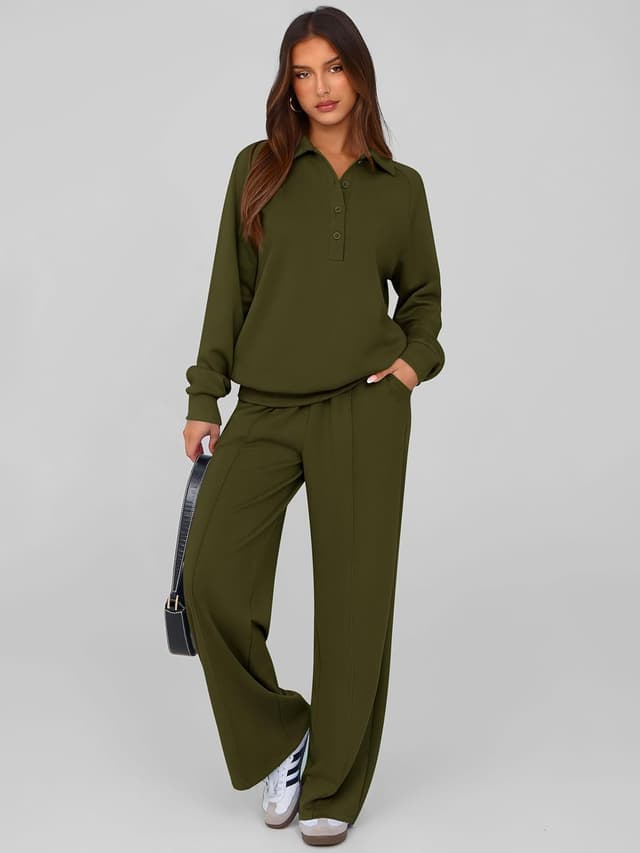 Detalle de PRETTYGARDEN Women’s Fall 2-Piece Quarter-Button Sweatshirt & Wide-Leg Pants Lounge Set