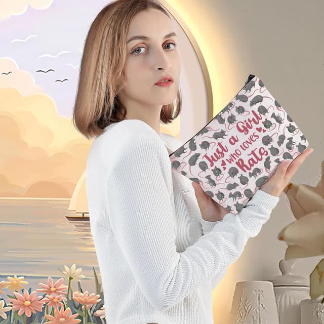 Detalle de LEVLO Funny Rat Canvas Cosmetic Bag – “Just A Girl Who Loves Rats” 3D Print Zip Pouch