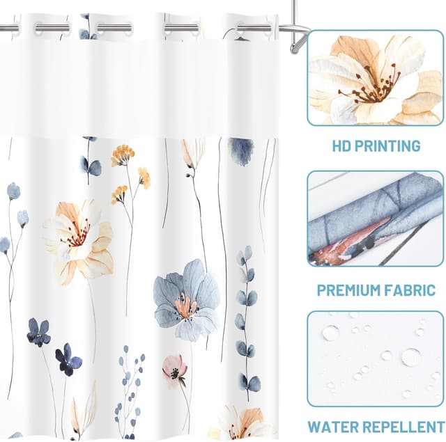 Detalle de WITHLOC No Hook Shower Curtain with Snap-in Liner (Watercolor Floral, Plants Blue/Beige) — 71 x 74 Inch