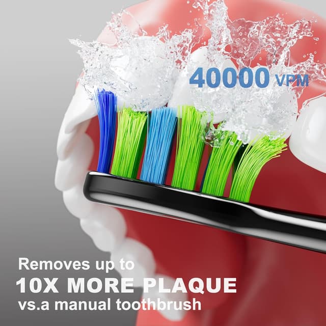 Detalle de 7AM2M Sonic Electric Toothbrush (Black) for Adults and Kids — 40,000 VPM, 5 Modes, 4 Brush Heads, Smart 2-Min Timer