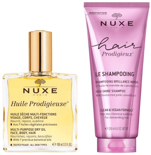 Detalle de Nuxe Prodigieuse Huile 100 ml y Champú Brillo Sublime 200 ml