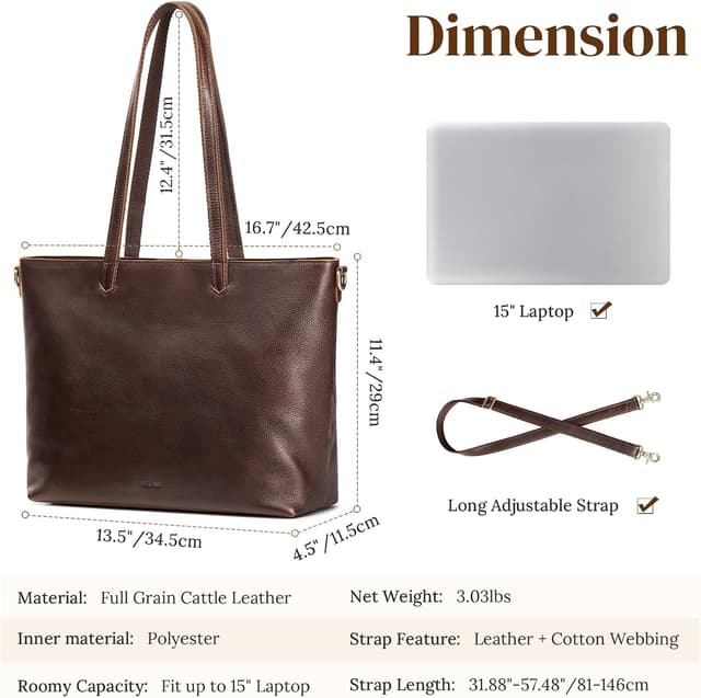 Thumbnail 2 de S-ZONE Women’s Leather Tote + Crossbody Bag Set with 15" Laptop Sleeve and Wrist Wallet