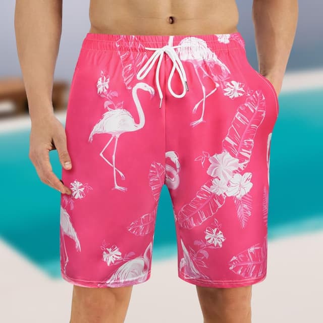 Detalle 2 de Aomig Uomo Hawaiani pantaloncini da bagno con stampa tropicale e taschino (Blu, M-XL)
