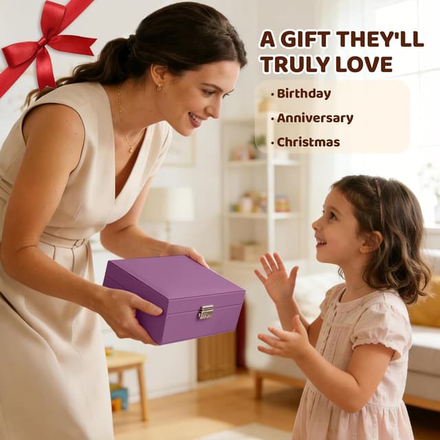 Thumbnail 6 de Homeanda Jewellery Box with Lock (Purple) – 2-layer leather organiser for necklaces, earrings, rings and bracelets