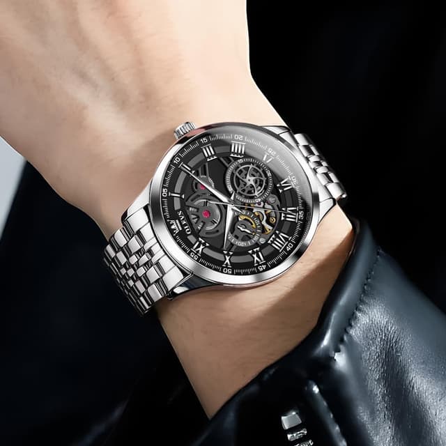 Detalle de OLEVS Herren Uhr Quarz „Luxus Business“ mit Skelettdesign, Chronograph & Mondphase