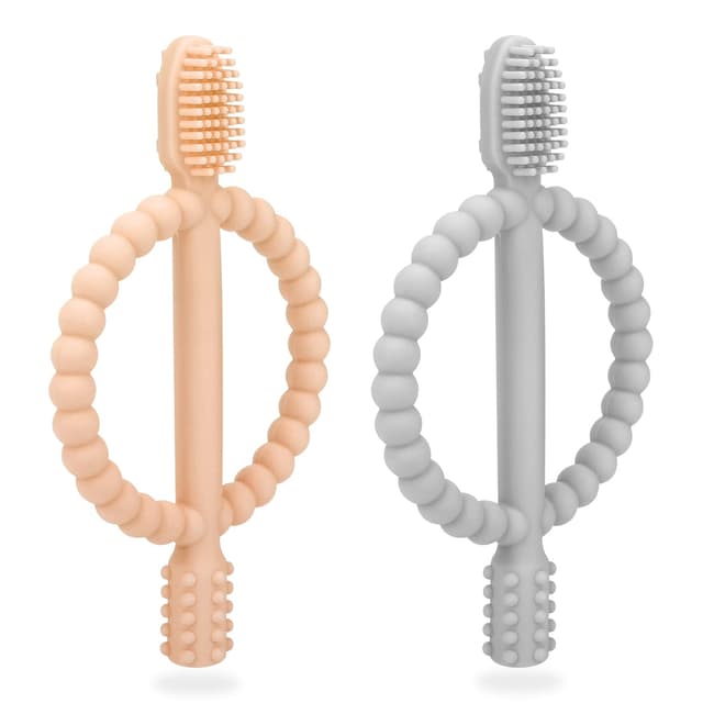 Detalle de Baby Beißspielzeug-Set (2 Stück) – Kinderzahnbürste aus BPA-freiem Silikon, ab 3 Monaten