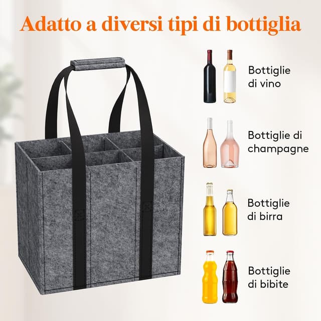 Detalle de Lifewit Borsa portabottiglie in feltro rinforzato con manici e 6 scomparti (30 x 20 x 26 cm)