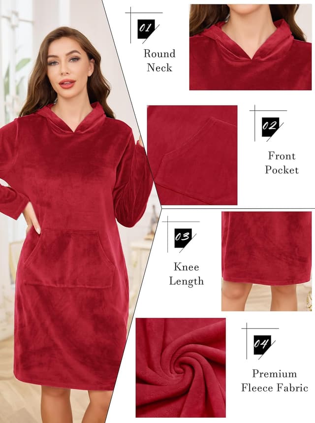 Detalle de Wikoan Women’s Luxury Fleece V-neck Nightdress with Hat (Plus Size)