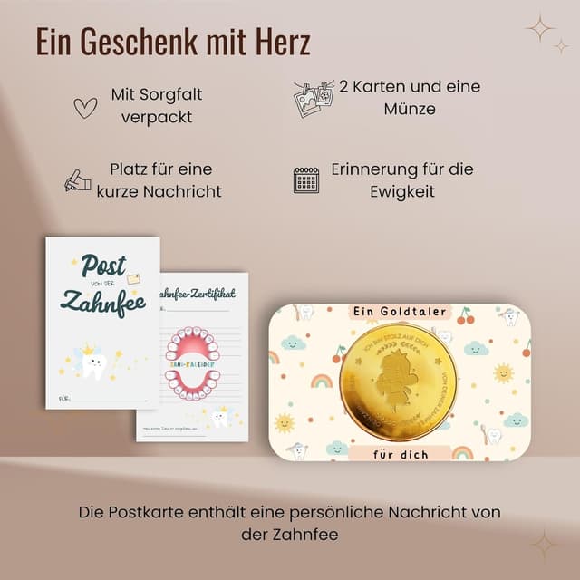 Detalle de Milaboo MilaBoo® Zahnfee Geschenkset „Goldene Glücksmünze“ mit Urkunde & Zahnzertifikat
