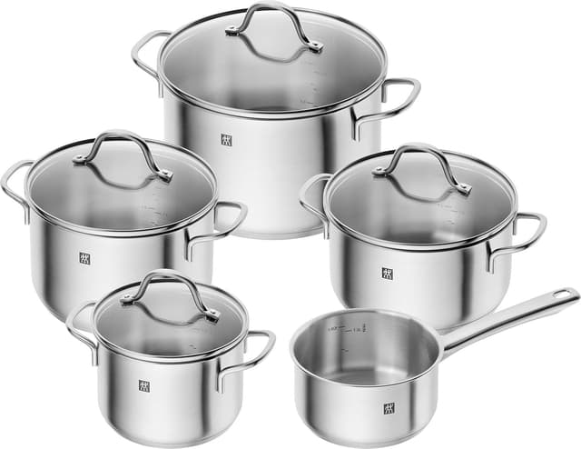 Detalle de ZWILLING Flow Kochtopf-Set 5-teilig mit Glasdeckel – induktionsgeeignet, Edelstahl, unbeschichtet