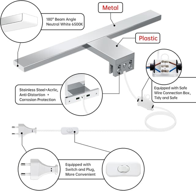 Detalle de Azhien LED Badezimmer Spiegelleuchte 5W (Neutralweiß 4000K, 500 lm) mit Stecker – 30 cm, IP44