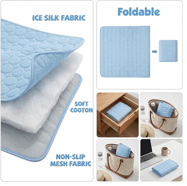 Detalle de Qoosea Tappetino rinfrescante per cani e gatti in seta di ghiaccio, 55 × 70 cm (blu)