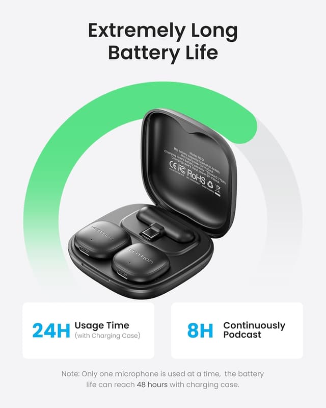 Detalle de Vention mini microfono wireless per iPhone 17/16/15 Pro Max e Android (USB-C, Bluetooth, lavalier) con custodia di ricarica 24 ore