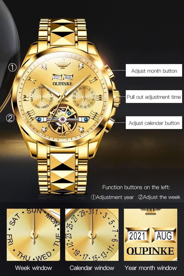 Detalle de OUPINKE Herrenautomatik-Uhr mit Mondphase, Wasserdicht (50 m) und zweifarbigem Edelstahlband