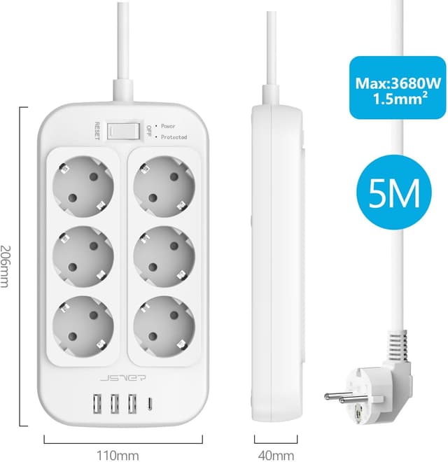 Detalle 2 de JSVER Multipresa Ciabatta Elettrica con 6 prese AC, 3 USB-A e 1 USB-C fino a 3680W e cavo da 5 m (bianco)