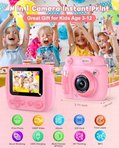 Detalle 2 de Gofunly Cámara Infantil Instantánea 2.4” 1080P con tarjeta de 32GB y papel (rosa)