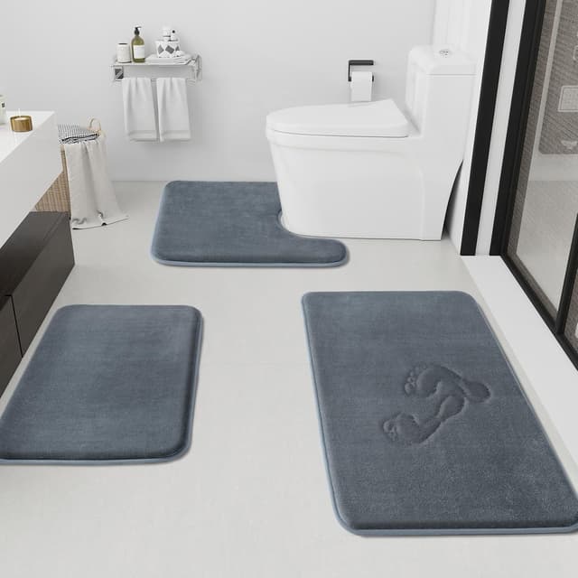 Detalle de HUXMEYSON 3-Piece Bathroom Rug Set (Non-Slip, Quick-Dry) in Grey
