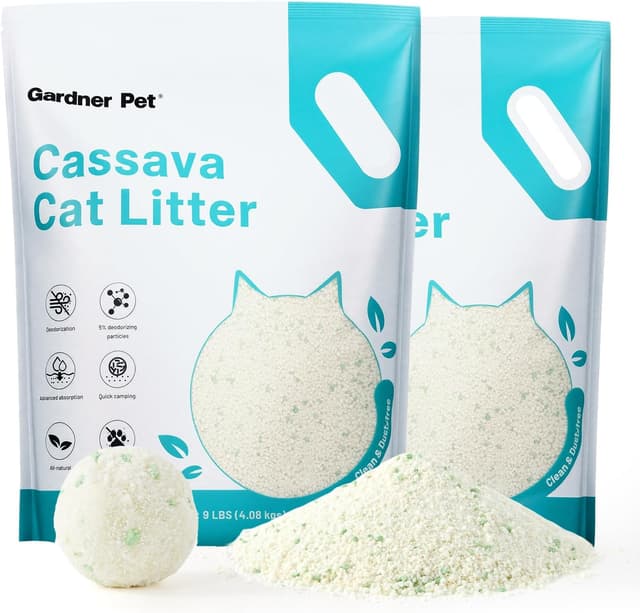 Detalle de Gardner Pet Cassava Ultra Clumping Cat Litter (tapioca) – low tracking, low dust, unscented with deodorising pellets, 4kg x 2