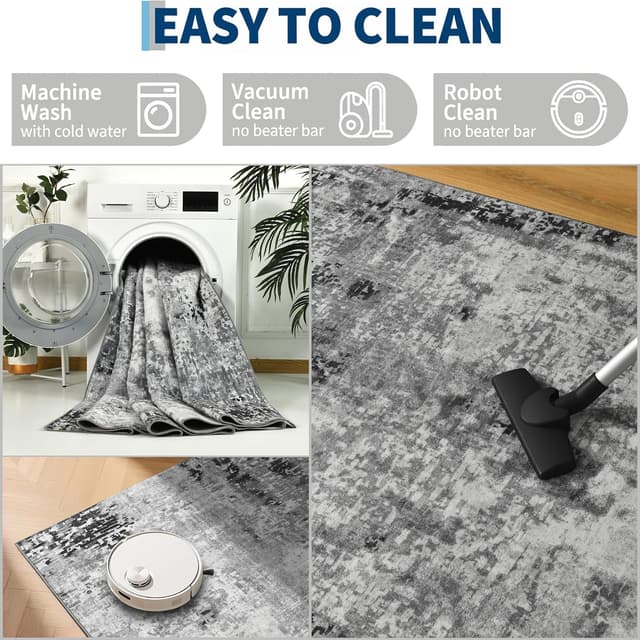 Detalle 2 de Ompaa Living Room Rug 7x10 Gray — Machine-Washable Abstract Faux Wool Area Rug