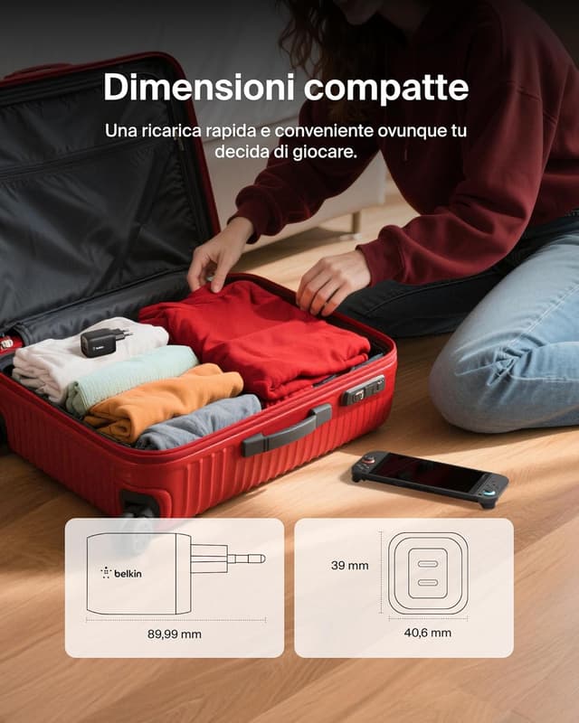 Detalle de Belkin Gaming Doppio Caricatore da Muro USB-C da 65W con GaN per Nintendo Switch 2 e dispositivi USB-C PD (nero)