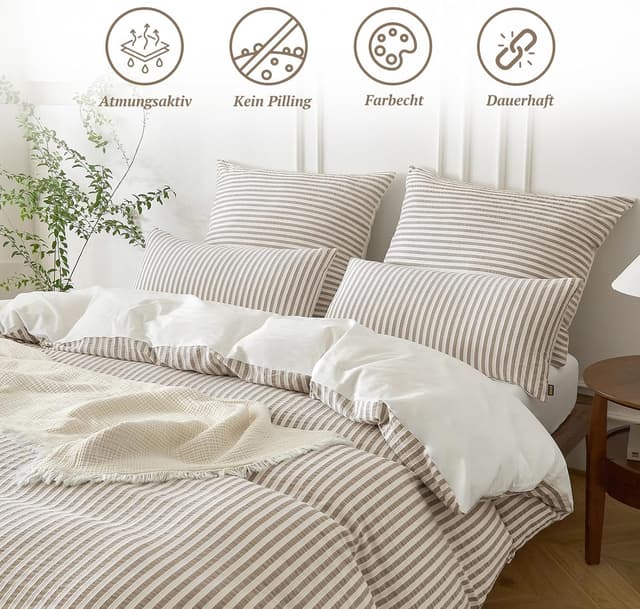 Detalle 2 de SOULFUL Bettwäsche-Set 155x220 aus Baumwolle, gestreift & Jacquard, braun (mit Reißverschluss, OEKO-TEX 100)