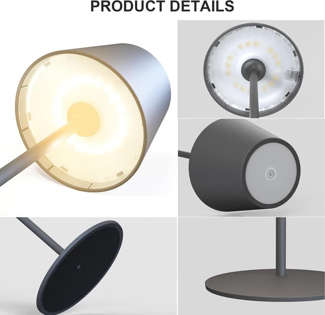 Detalle de MALUX Lampe de table LED sans fil en aluminium avec intensité variable (IP54) – blanc chaud/blanc naturel/blanc froid