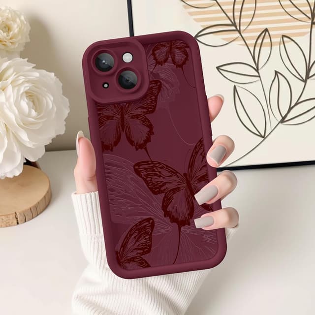 Detalle de FUXICASE iPhone 14 Case with Creative Butterfly Design (Burgundy Red Butterfly) — Soft Silicone & TPU Protection