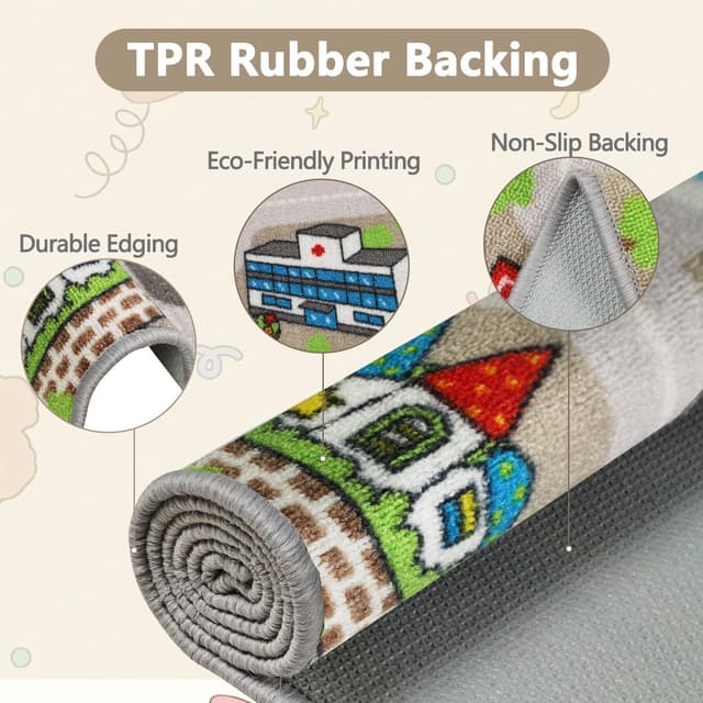 Detalle de Capslpad Kinder-Spielteppich „Stadtleben“ 100 x 160 cm – rutschfest, kurzflorig, maschinenwaschbar