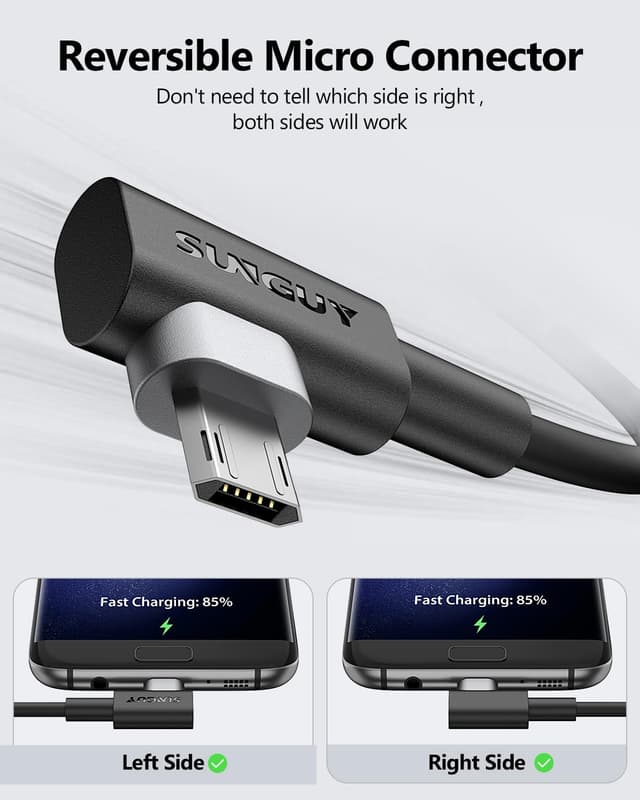 Detalle de SUNGUY Câble Micro USB 90° (2 pièces, 2 m, 3 A) – charge rapide et transfert USB 2.0