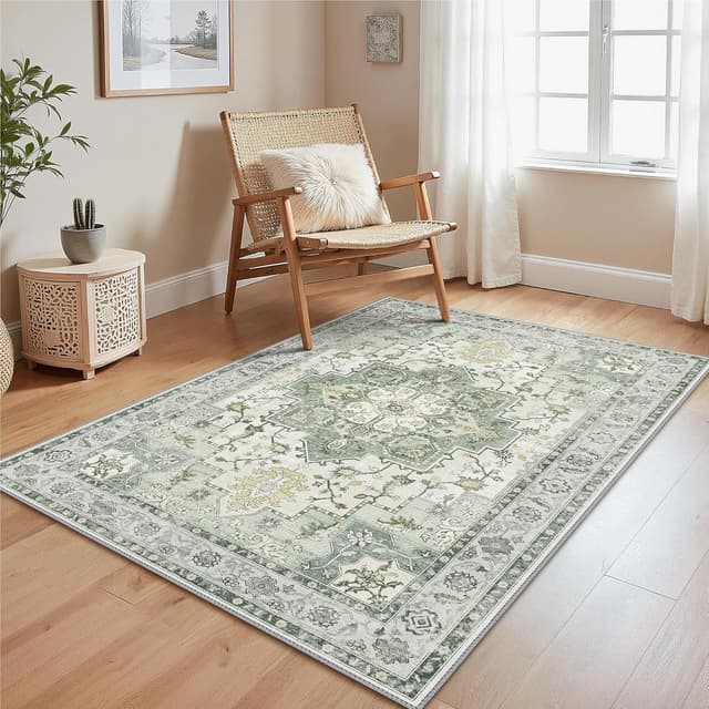 Detalle de GENIMO Machine Washable Rugs – 120x170cm Boho & Vintage Low Pile Area Rug with Non-Slip Backing