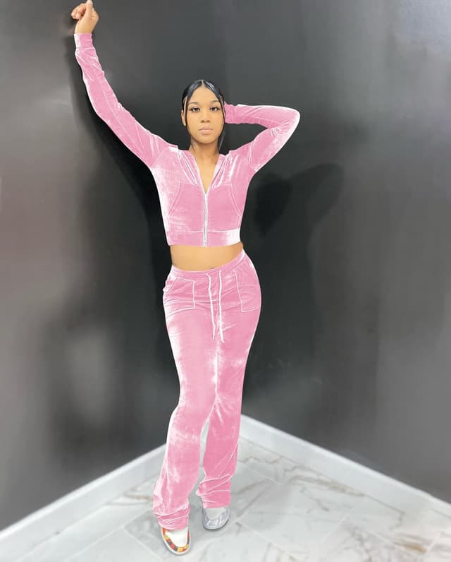 Detalle 2 de yidengymx Women’s Velour 2-Piece Tracksuit Set (Zip-Up Crop Top & Sweatpants with Pockets)