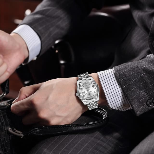 Detalle 2 de NIBOSI orologio da uomo analogico al quarzo in acciaio inox oro rosa/argento, impermeabile 3 atm con giorno e data