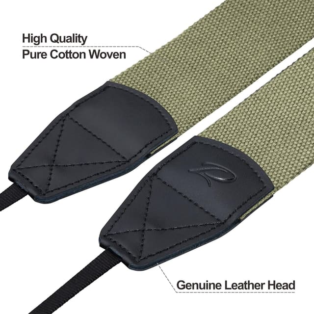 Detalle de Padwa Lifestyle Light Green Camera Strap (2-inch wide) – cowhide head cotton-woven vintage-style strap for photographers