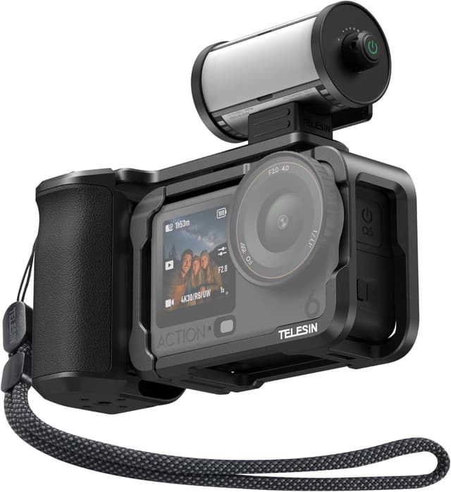 Detalle de TELESIN Aluminium Alloy Grip Kit for DJI Osmo Action 6 with Protective Cage & Magnetic RGB Video Light