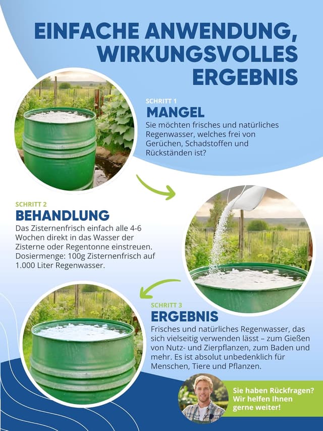 Detalle de AGUALEVE® Zisternenfrisch 1 kg – hält Regenwasser frisch & rein, für bis zu 10.000 Liter | Made in Germany