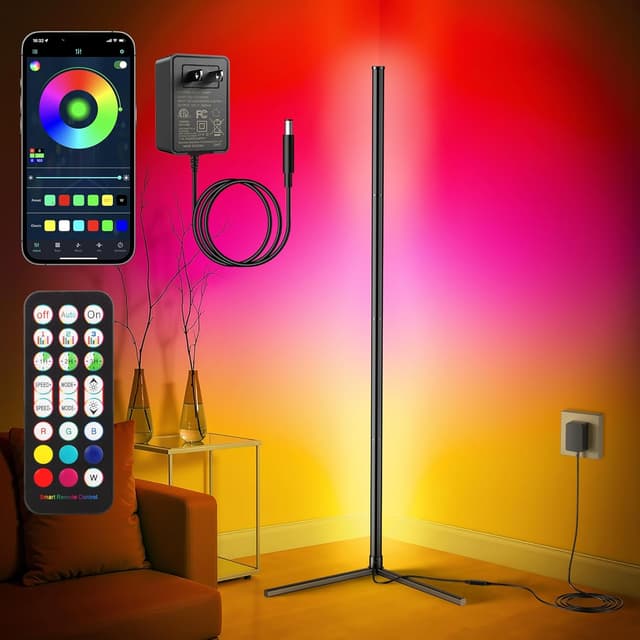 Detalle de Riyo corner floor lamp — smart LED RGB with app & remote, music sync and adjustable height