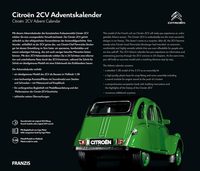 Detalle 2 de Franzis 55154 Citroën 2CV Adventskalender grün – Metall-Modellbausatz im Maßstab 1:38 inkl. Soundmodul & Begleitbuch