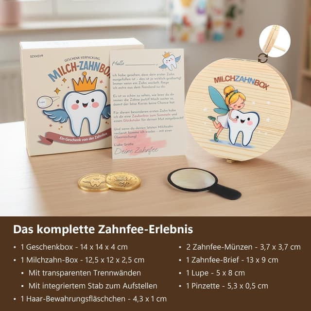 Detalle de Gzxhsy Zahnfee-Geschenkset für Milchzähne (Zahnbox mit 2 Münzen, Lupe & Brief)