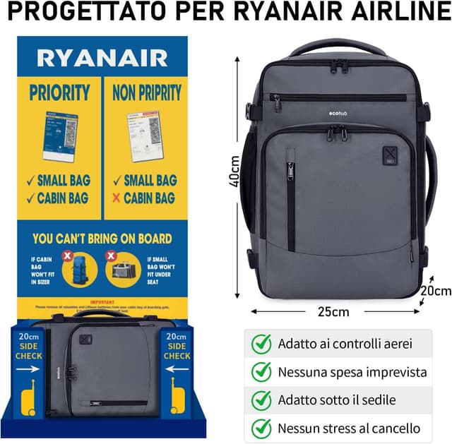 Detalle de ECOHUB Zaino Ryanair 40x20x25 Bagaglio a Mano da 20 L in PET riciclato (zaino grigio)