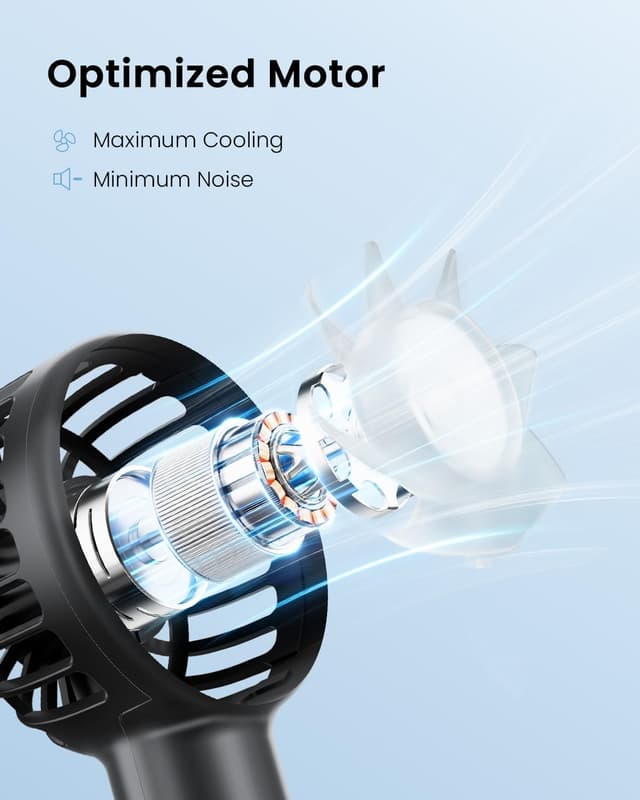 Detalle 1 de Gaiatop Mini Portable Handheld Fan (3-speed, USB rechargeable) for travel, camping and quick makeup drying