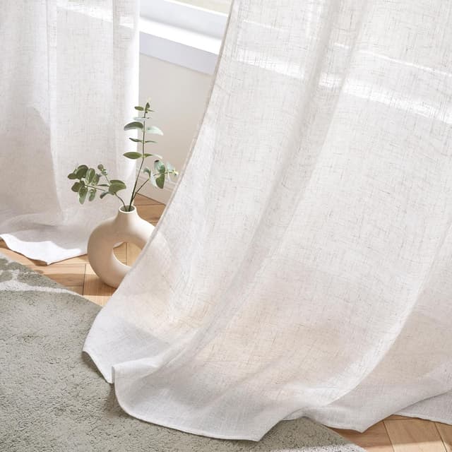 Detalle de Woaboy Leinen-Gardinen Set (2 Stück) halbtransparent mit Ösen, reinweiß – 140 x 280 cm