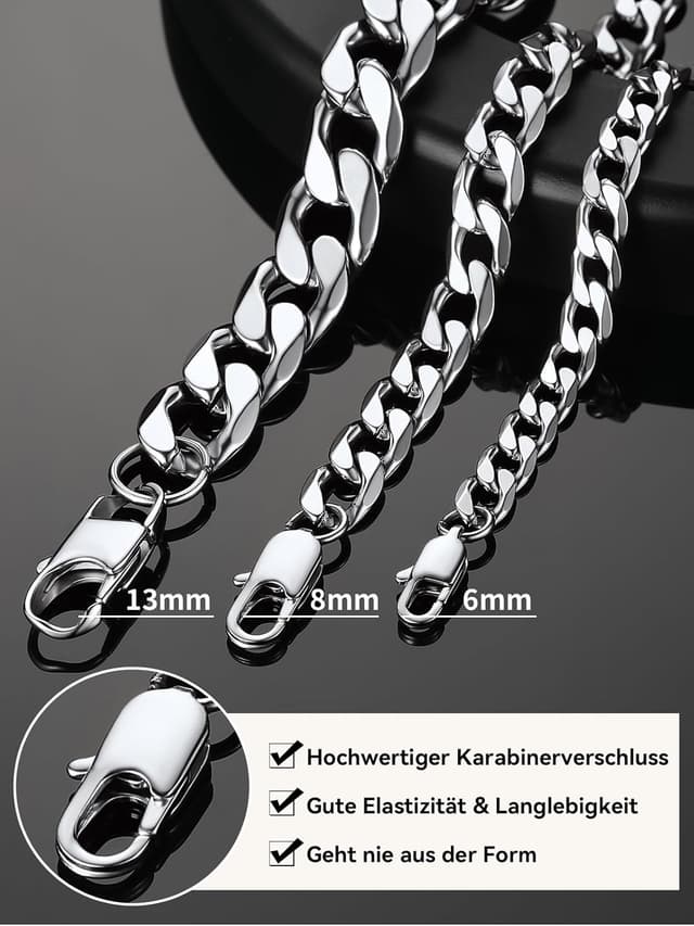 Detalle de ChainsHouse Panzer Armband aus 316L Edelstahl – kubanische Kette mit Karabinerverschluss (13 mm breit, 21 cm Länge)