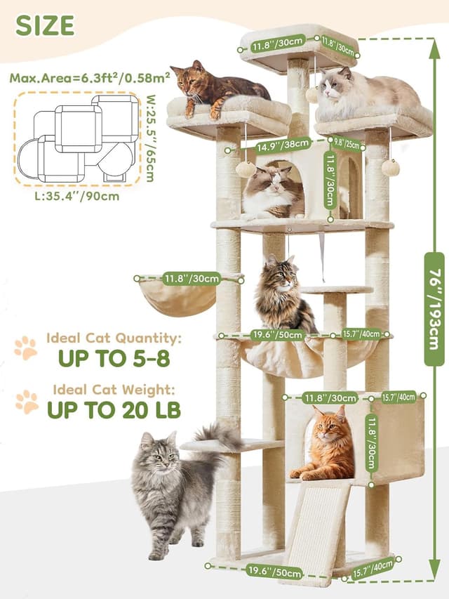 Detalle de Taoqimiao MS047M Cat Tree (193 cm) with 7 sisal posts, condos, hammock and hanging basket