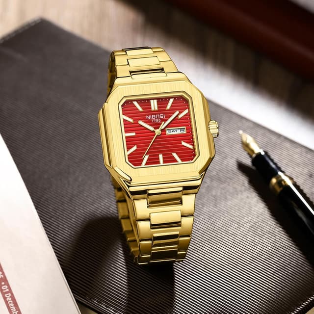 Detalle 2 de NIBOSI orologio da uomo analogico al quarzo in acciaio inox quadrato, impermeabile 3ATM