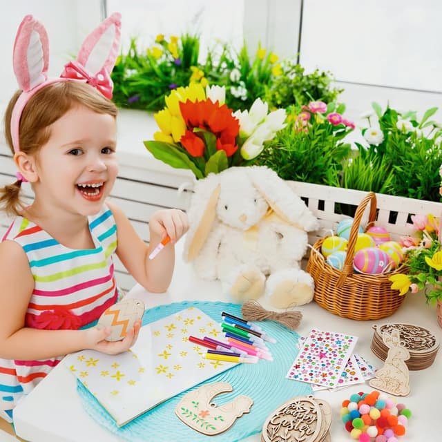 Detalle de ARTREE lot de 30 pendentifs en bois à peindre pour enfants (Pâques et printemps) avec stylos, autocollants, pompons et corde