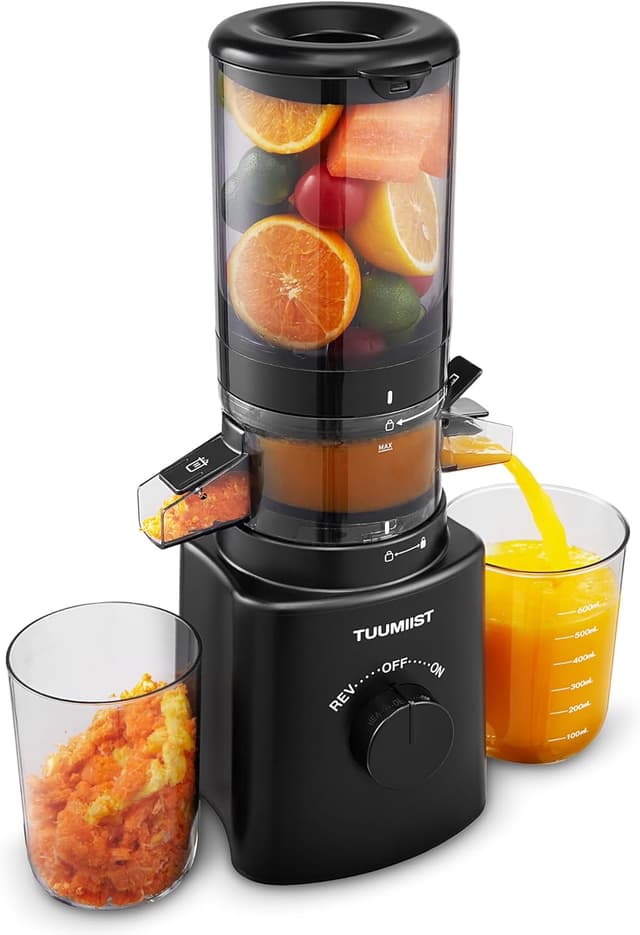 Detalle de TUUMIIST Slow Juicer mit 120-mm-Einfüllschacht (Glanzschwarz) – Entsafter für ganzes Obst & Gemüse