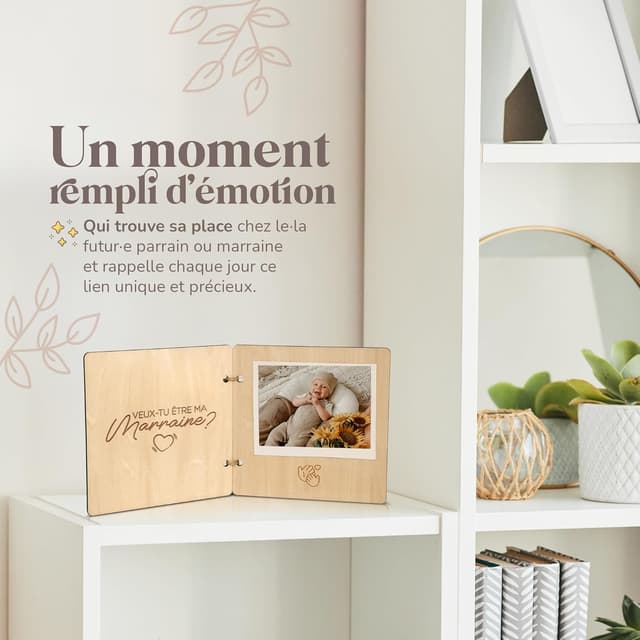 Detalle de Demande marraine & demande parrain en bois avec enveloppe et photo bébé
