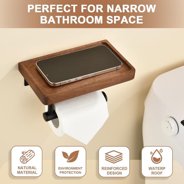 Detalle de QICAIFACAI Wall Mounted Toilet Roll Holder with Natural Solid Walnut Shelf – Self-Adhesive or Drilled Installation
