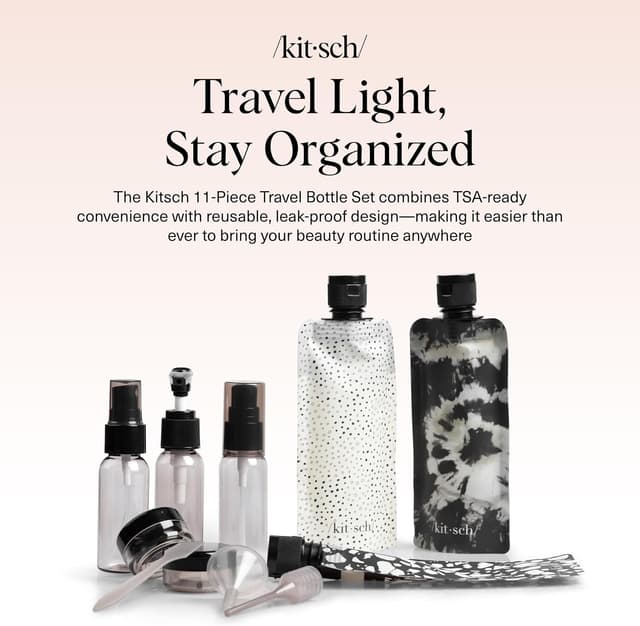 Detalle de Kitsch 11 PCS Travel Bottles for Toiletries Travel Essentials Kit (Black & Ivory) – Leak-Proof Refillable Containers