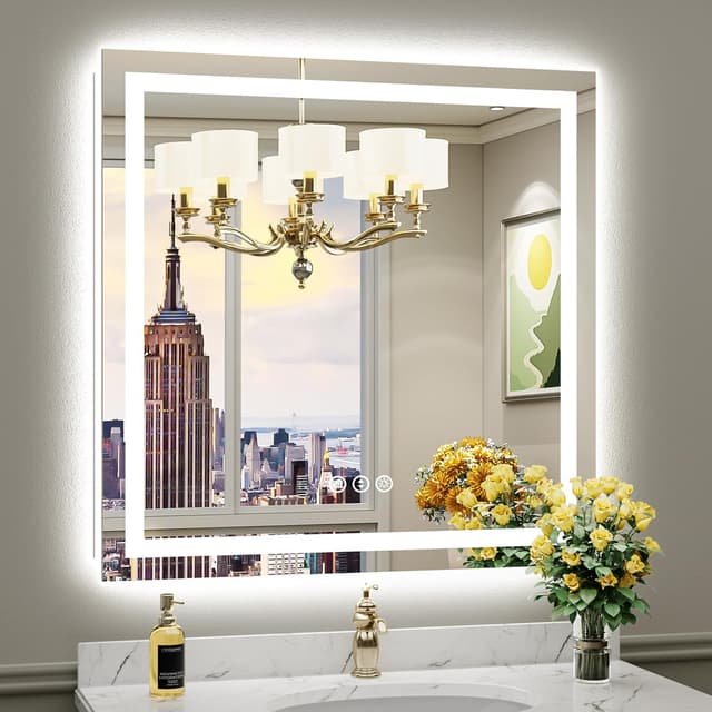 Detalle de Briivue 36x36 Inch LED Bathroom Mirror with Lights (Dual Front & Backlit), Anti-Fog, 3 Color Dimming & Memory